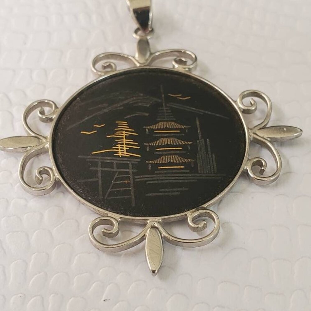 Vintage Damascene Asian Design Amita Sterling Silver Pendant